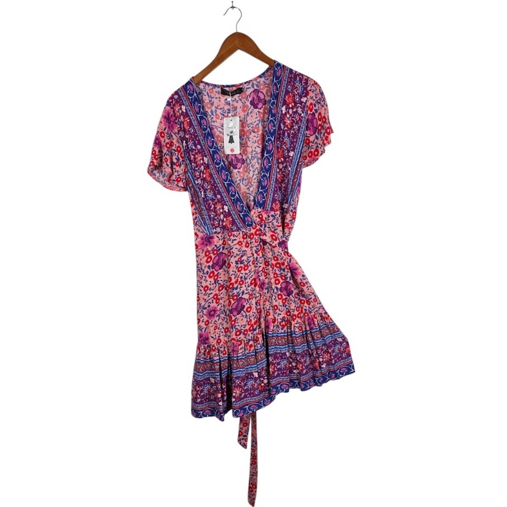 ZESICA Wrap Dress Women M Pink Floral Boho Mini V-Neck Short Sleeve NWT